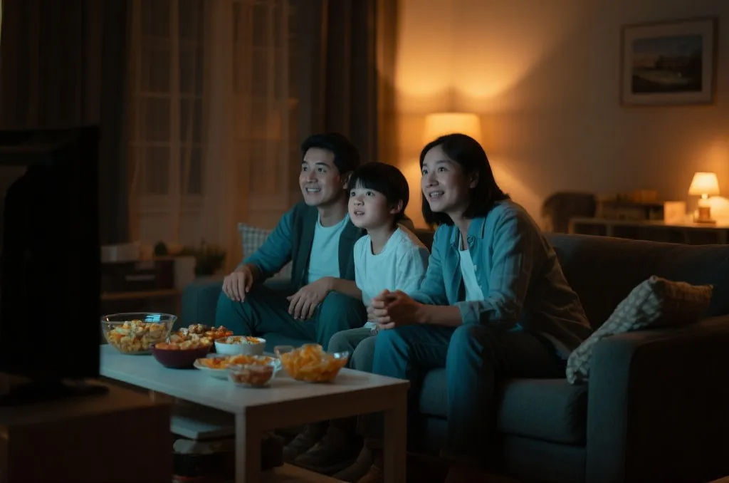 客厅内家庭观赛的中景构图，电视光与暖色灯光交织，捕捉自然表情